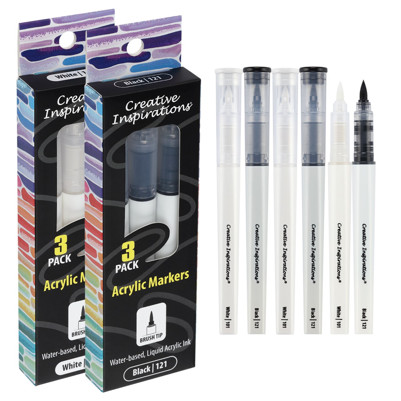 Creative Inspirations Acrylic Paint Markers Set of 6 Black and White: Water-Based Acrylic Markers for Artists w/ Flexible Brush Tips in Stacked Carrying Case, Bleed-Resistant, Lightfast, For Wood, Glass, Paper